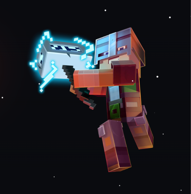 3D block-style game server character with a glowing powered tool