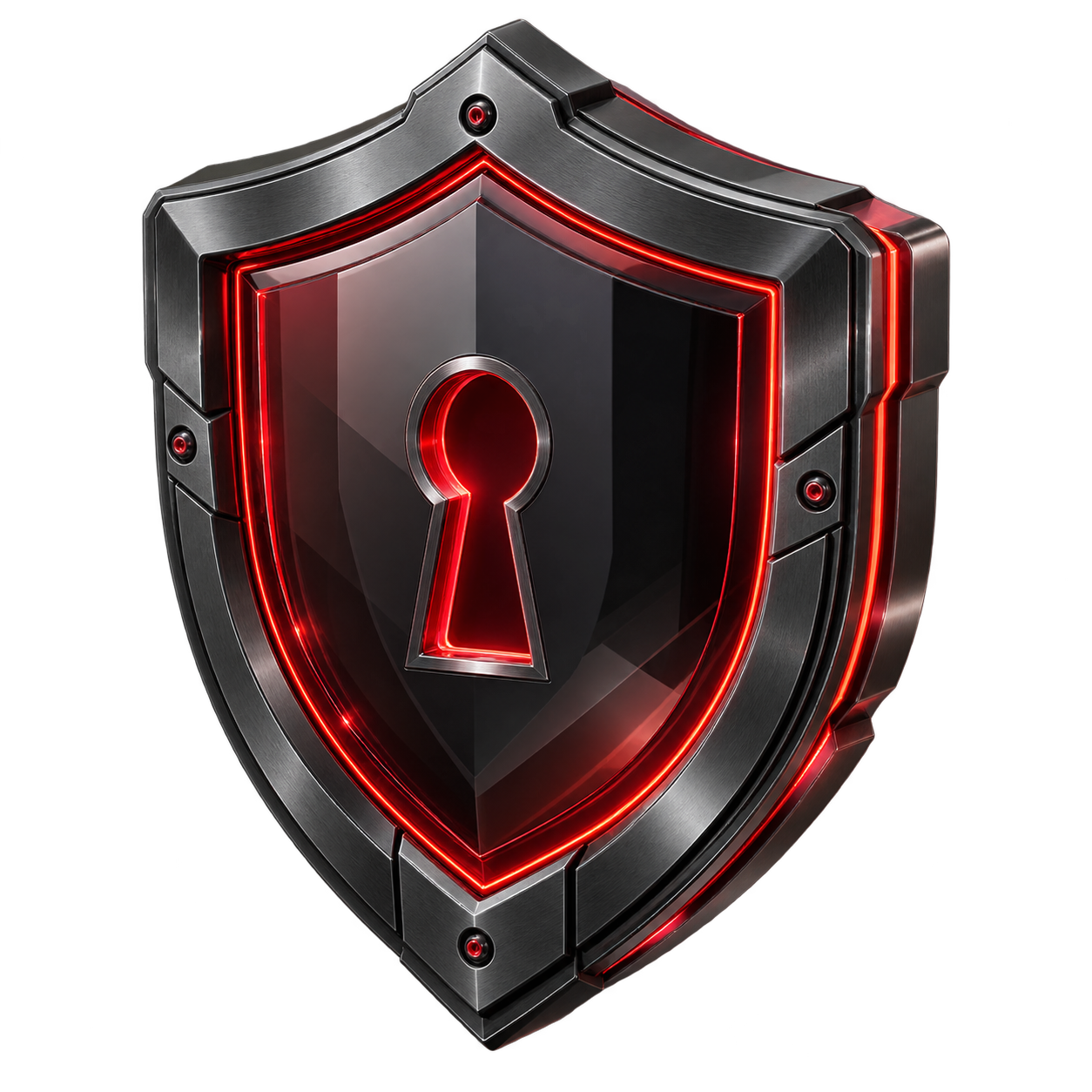 3D gunmetal security shield with crimson edges and central keyhole