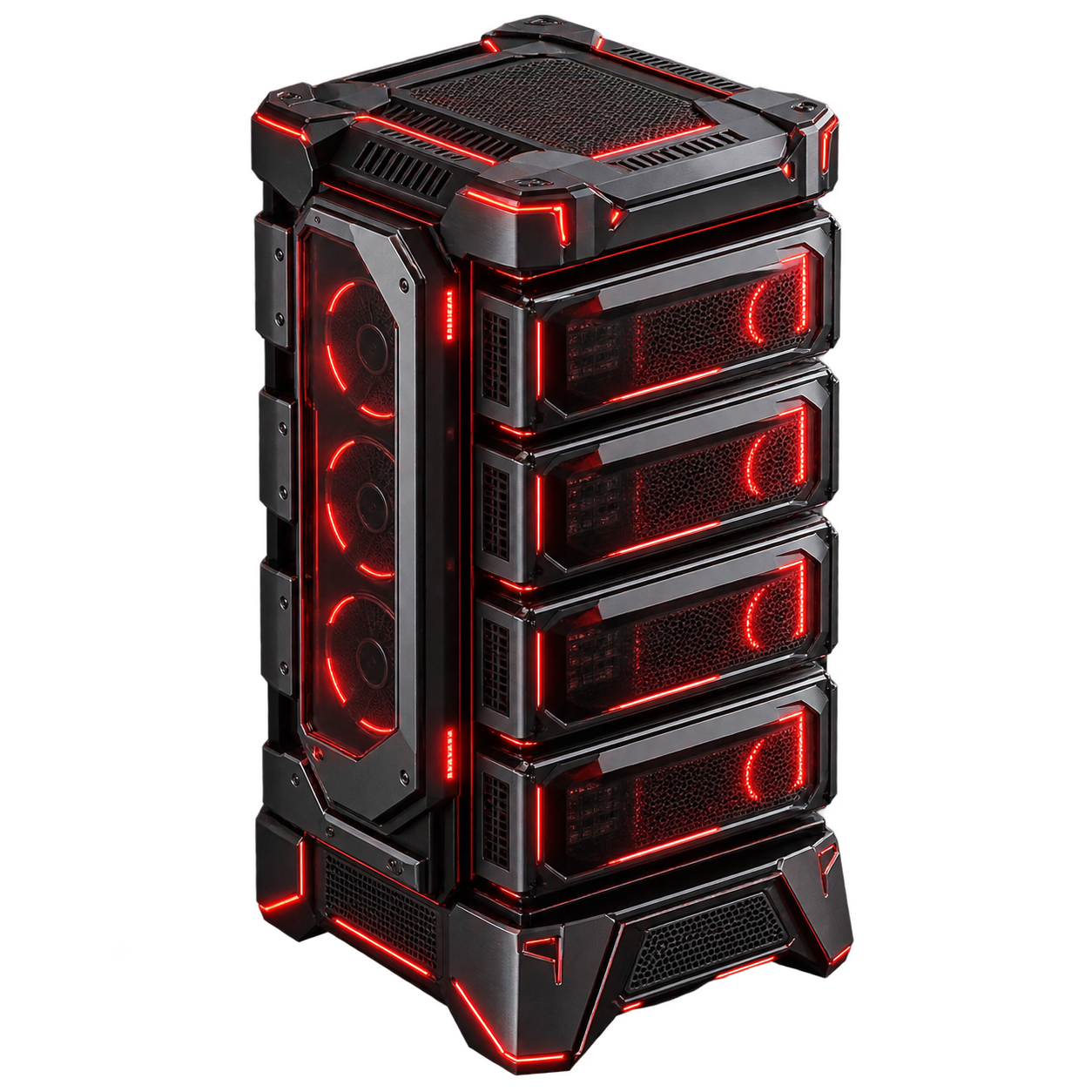 3D-rendered gunmetal game-server tower with glowing crimson light strips