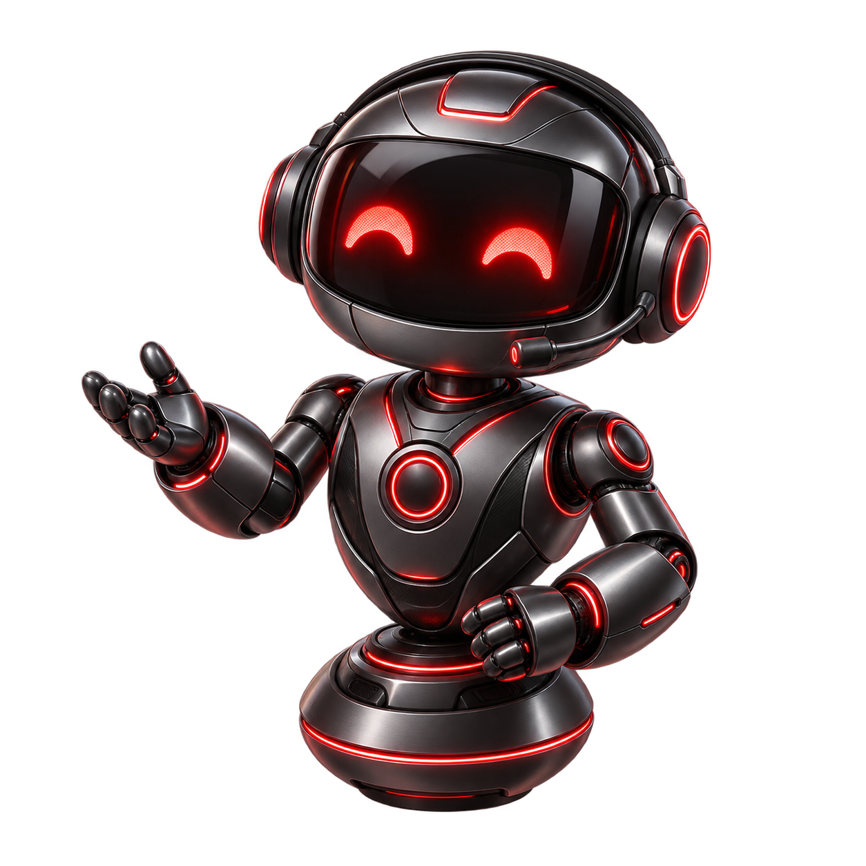 Friendly 3D support robot wearing a headset with glowing crimson eyes