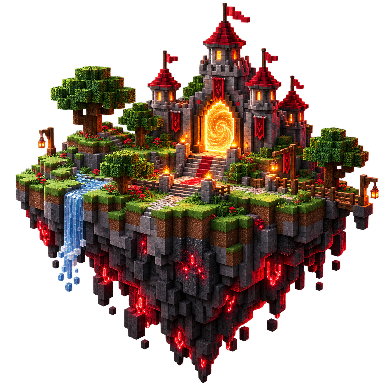3D-rendered floating voxel island with a castle, trees, waterfall and a glowing amber portal